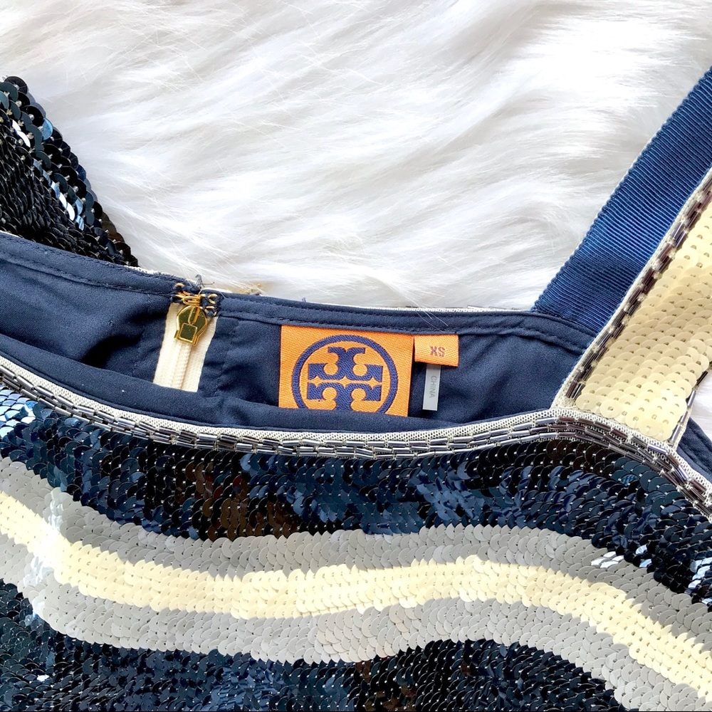 Tory Burch Edna Navy White Sequin Stripe Dress - Picture 4 of 8
